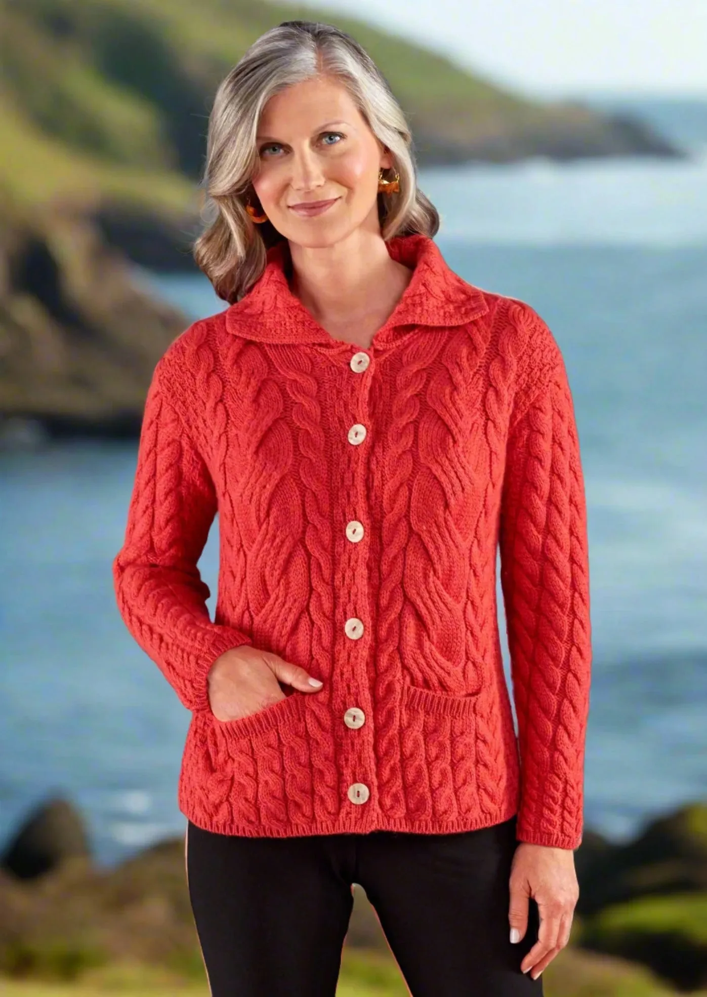 Belcarra Ladies Aran Cardigan | Coral - Clearance