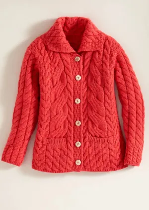 Belcarra Ladies Aran Cardigan | Coral - Clearance