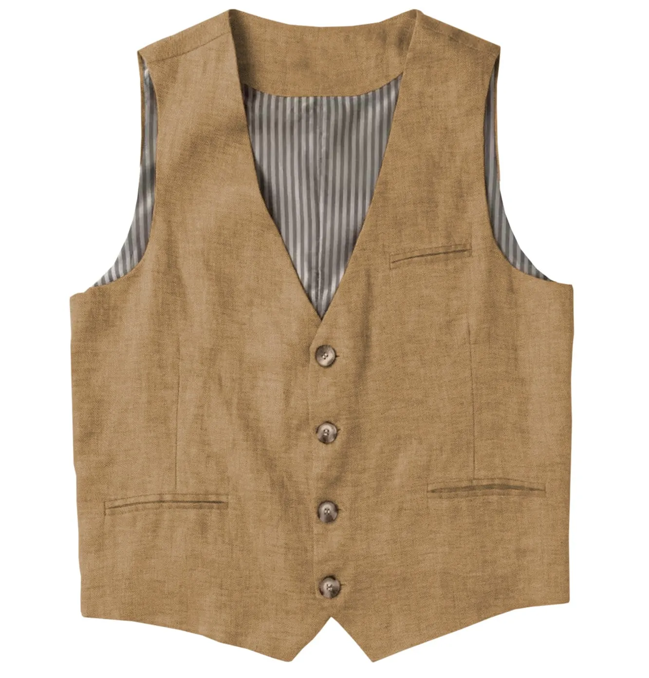 Casual Single Breasted V Neck Linen Mens Vest