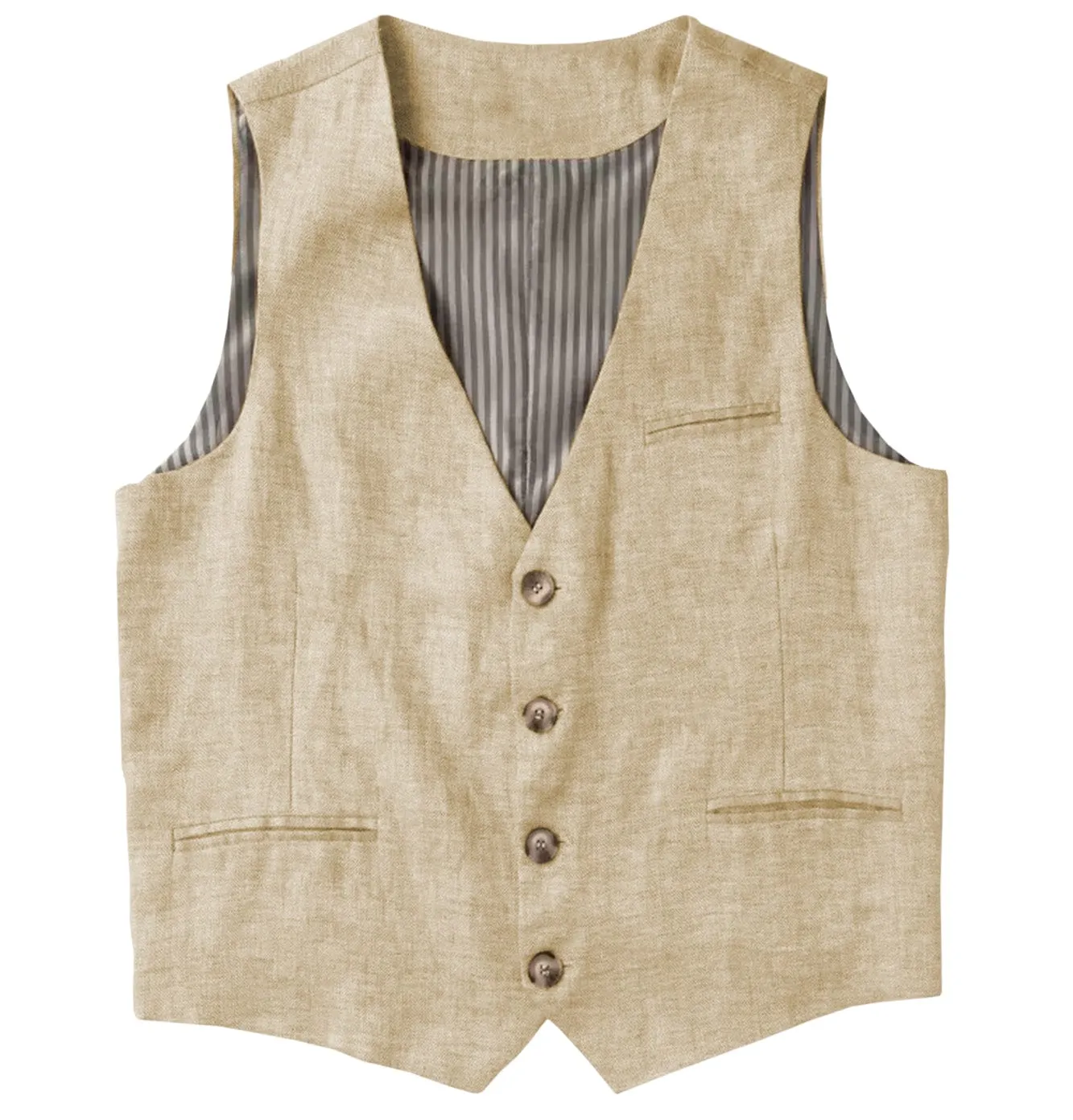 Casual Single Breasted V Neck Linen Mens Vest
