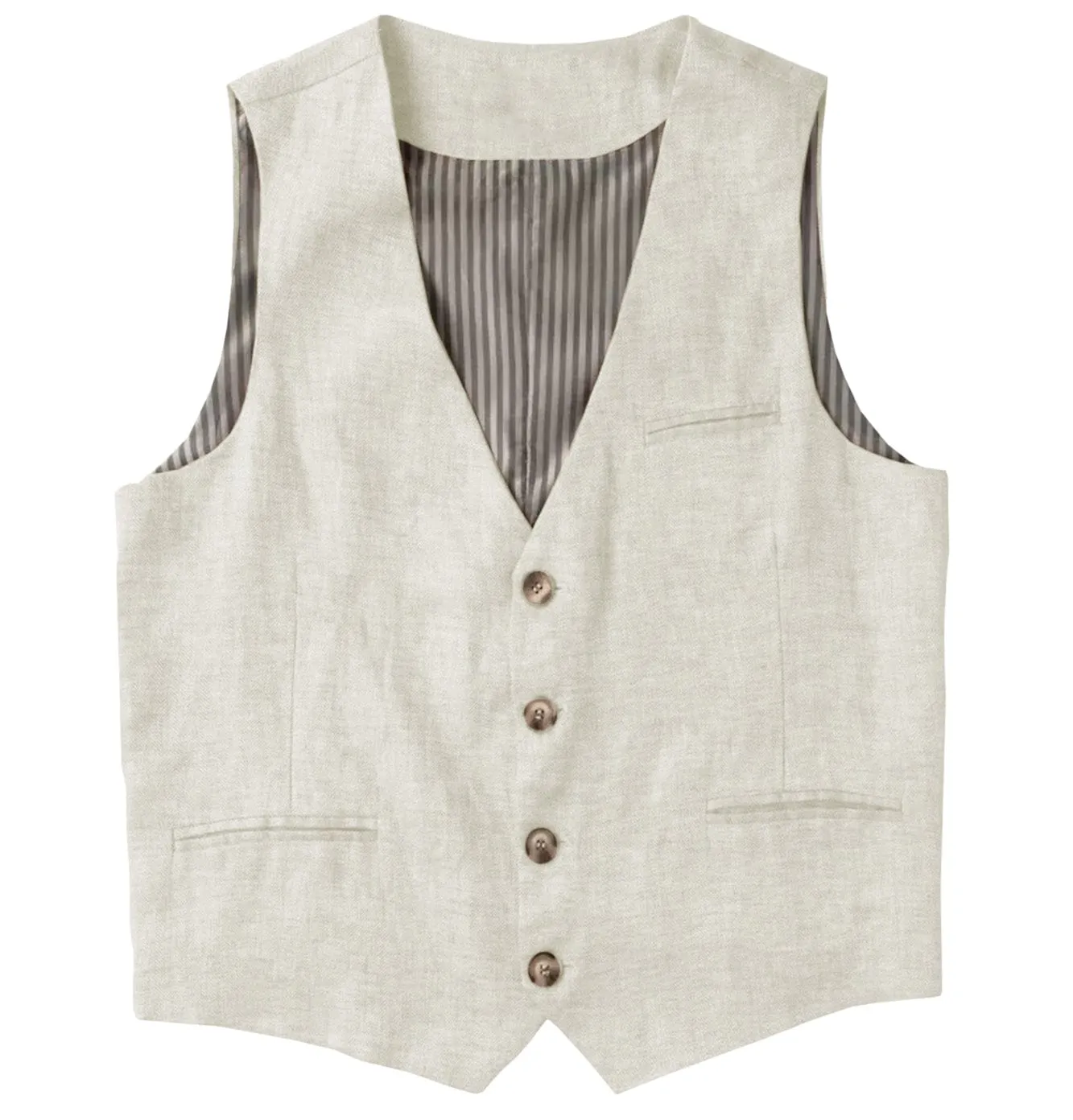 Casual Single Breasted V Neck Linen Mens Vest