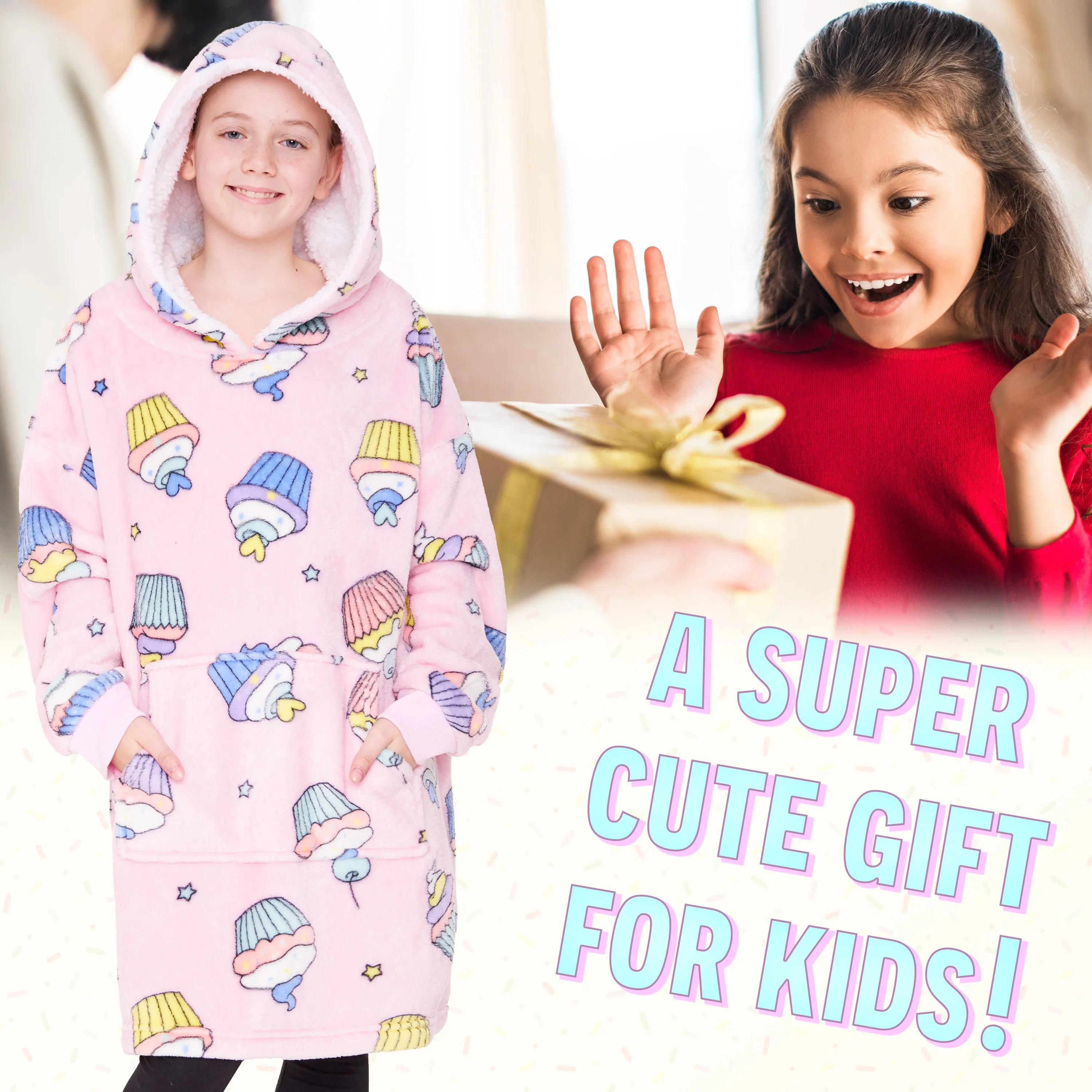 CityComfort Girls Oversized Blanket Hoodie Kids - Cupcake