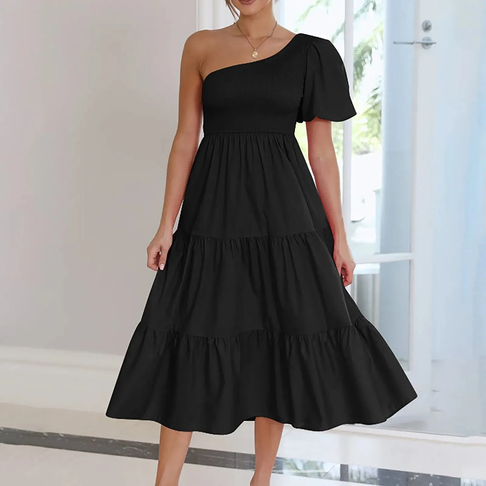One Shoulder Sleeveless Backless Straight Solid Color Boho Beach Casual Elegant Dress