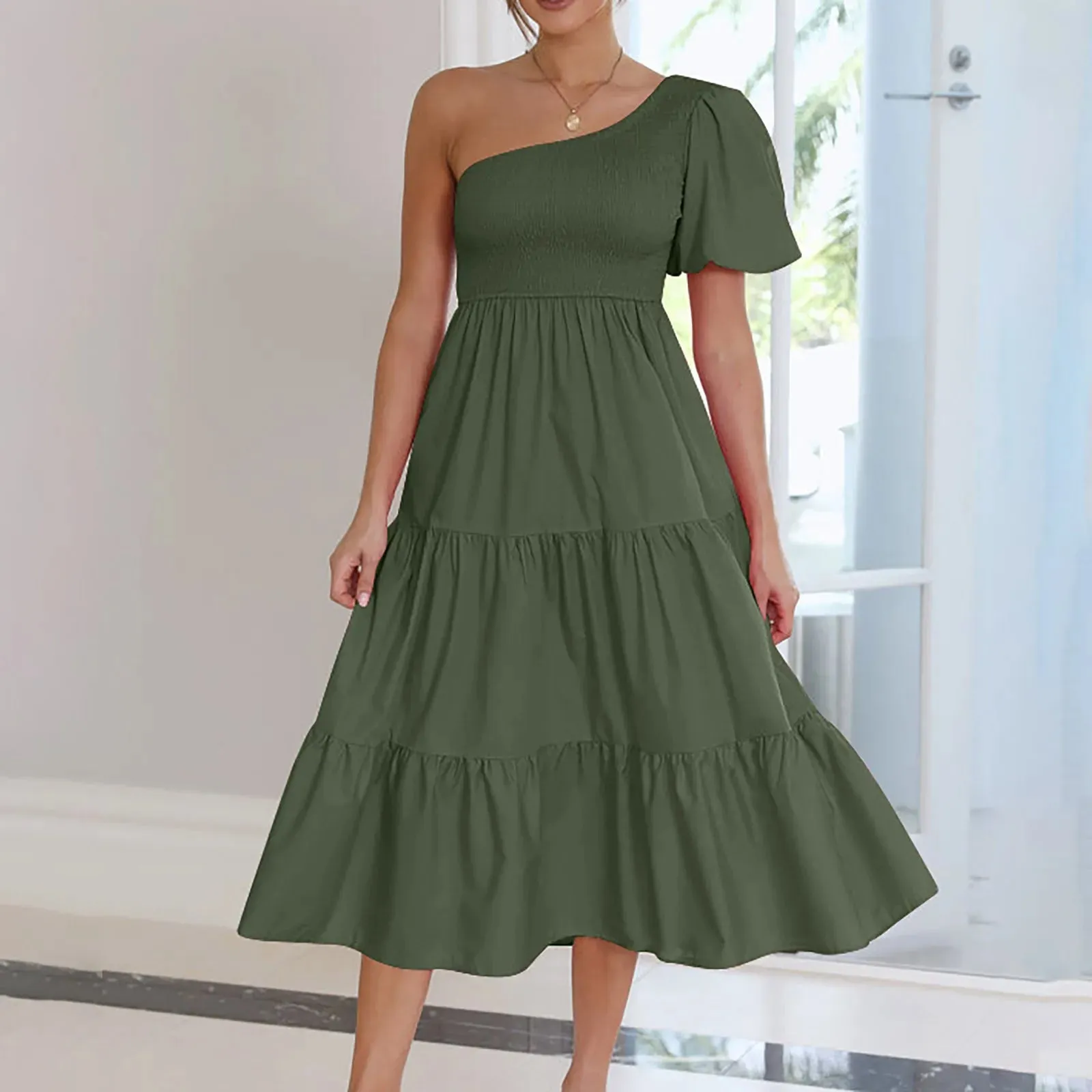 One Shoulder Sleeveless Backless Straight Solid Color Boho Beach Casual Elegant Dress
