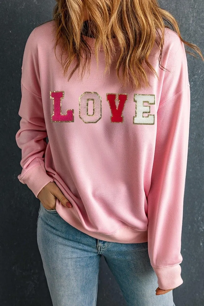 Pink "LOVE" Valentine Patch Sweatshirt