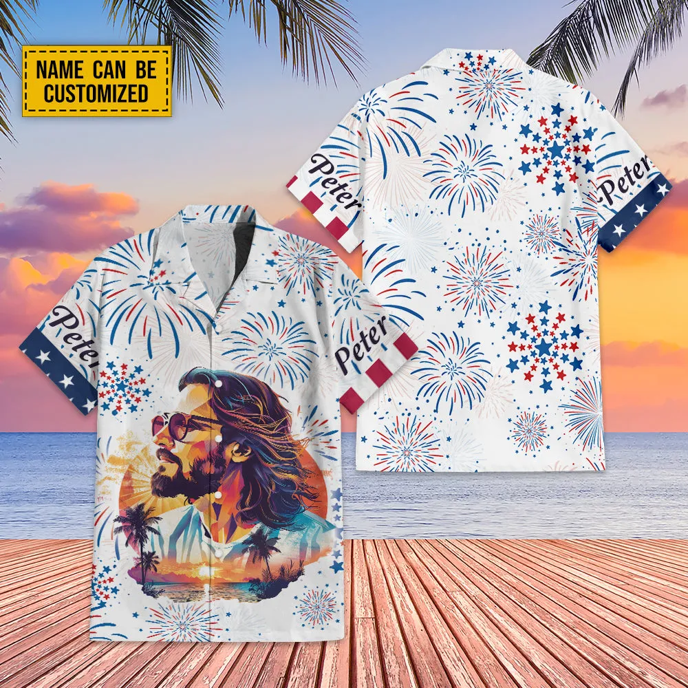 Teesdily | Customized Jesus Graphic Portrait Hawaii Shirt, Independence Day Hawaii Set, 4Th Of July Theme 3D Hawaiian Clothing, Indepedence Day Gifts