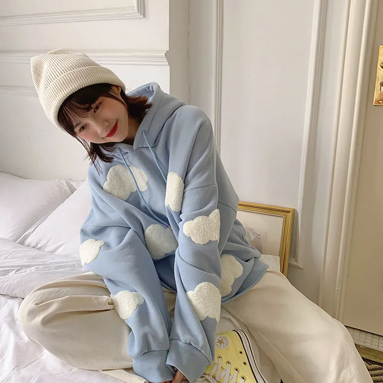 Thick Hooded Sweatshirt Women Korean Three Dimensional Blue White Trendy Loose Young Look Tops Outerwear