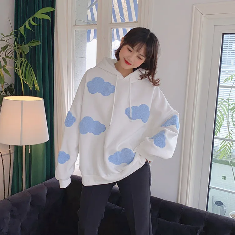 Thick Hooded Sweatshirt Women Korean Three Dimensional Blue White Trendy Loose Young Look Tops Outerwear