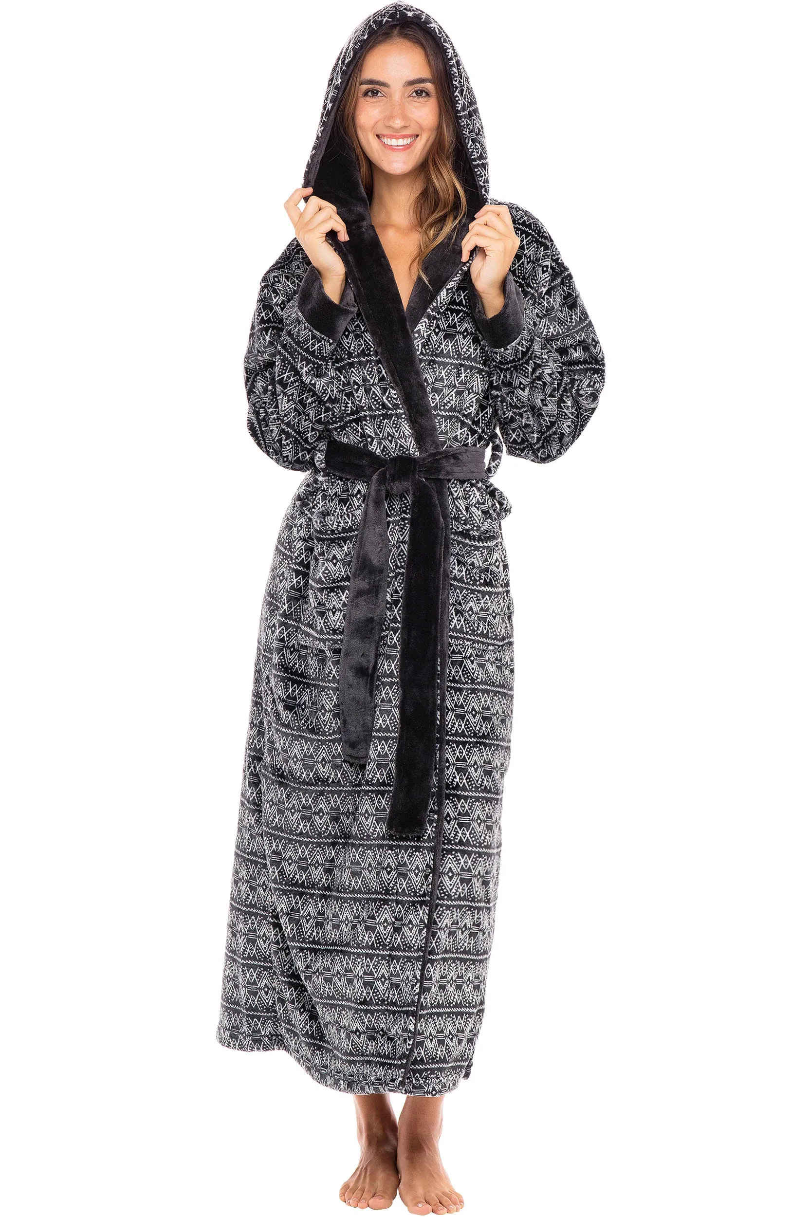 Women's Plush Fleece Hooded Bathrobe, Full Length Long Warm Lounge Robe with Hood
