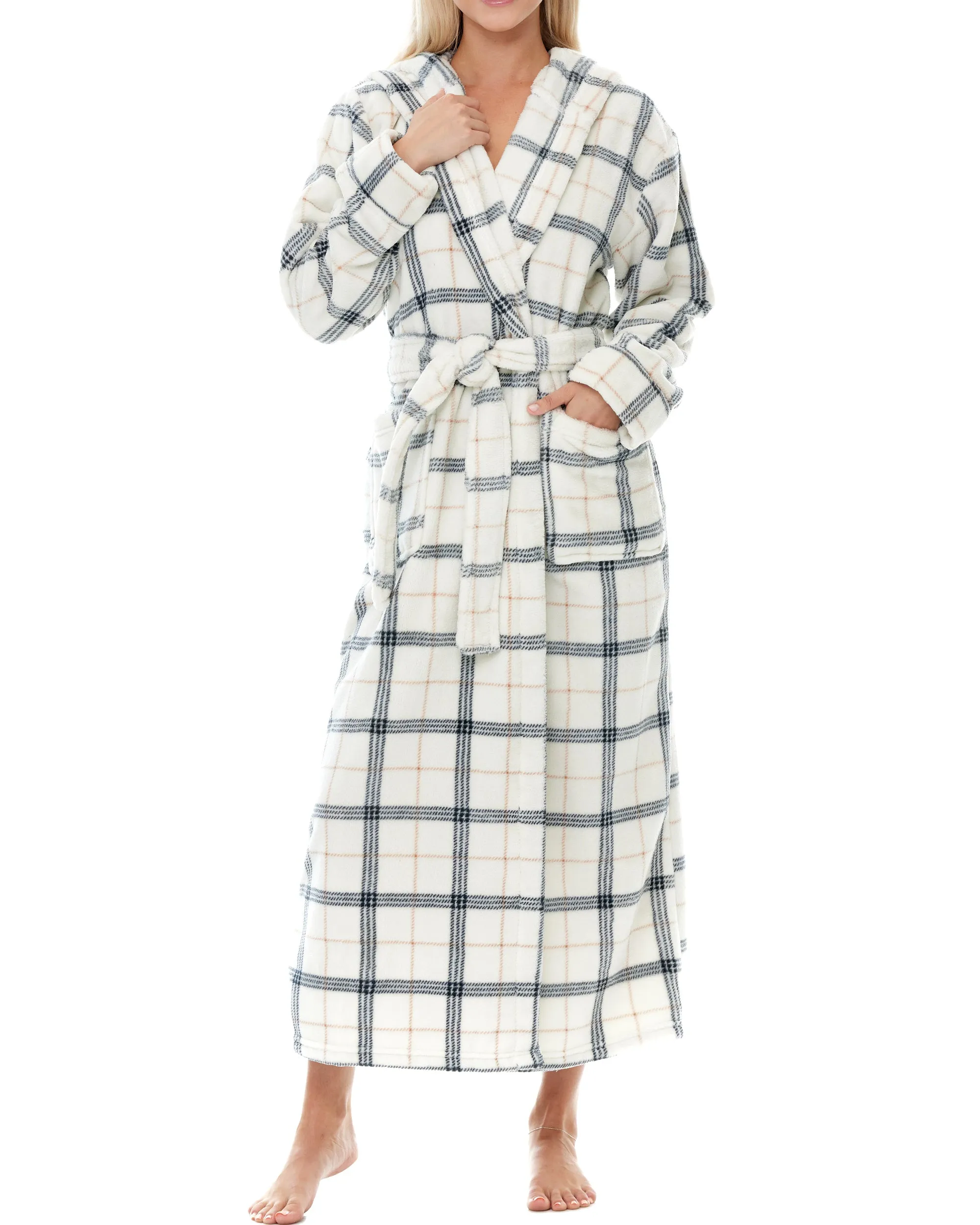Women's Plush Fleece Hooded Bathrobe, Full Length Long Warm Lounge Robe with Hood
