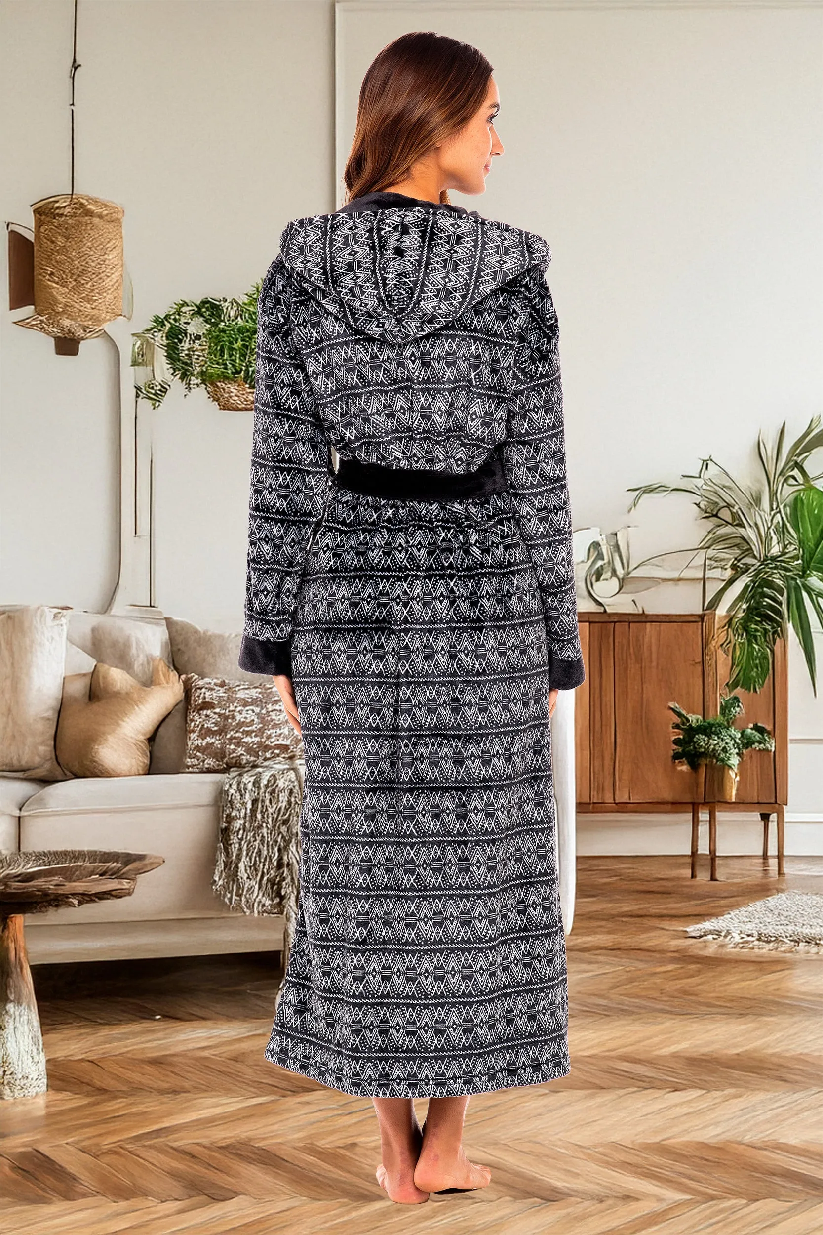 Women's Plush Fleece Hooded Bathrobe, Full Length Long Warm Lounge Robe with Hood