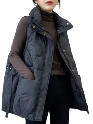 Women's Quilted Down Cotton Vest - Short Sleeveless Stand Collar Waistcoat