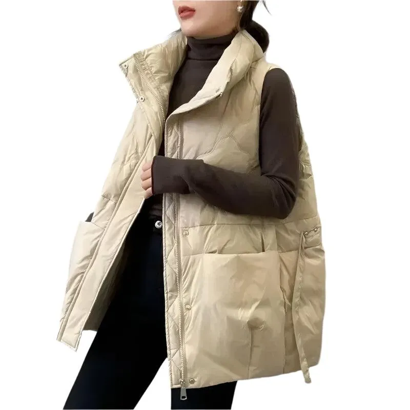 Women's Quilted Down Cotton Vest - Short Sleeveless Stand Collar Waistcoat