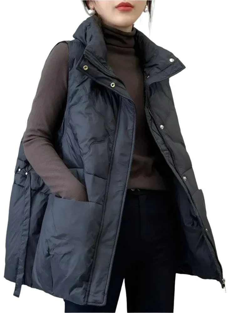 Women's Quilted Down Cotton Vest - Short Sleeveless Stand Collar Waistcoat