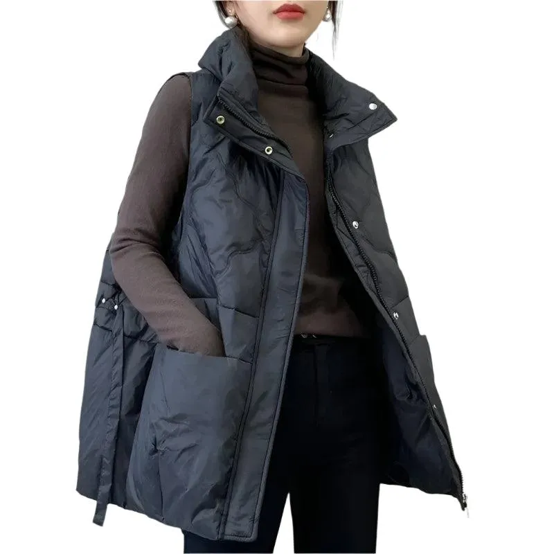 Women's Quilted Down Cotton Vest - Short Sleeveless Stand Collar Waistcoat