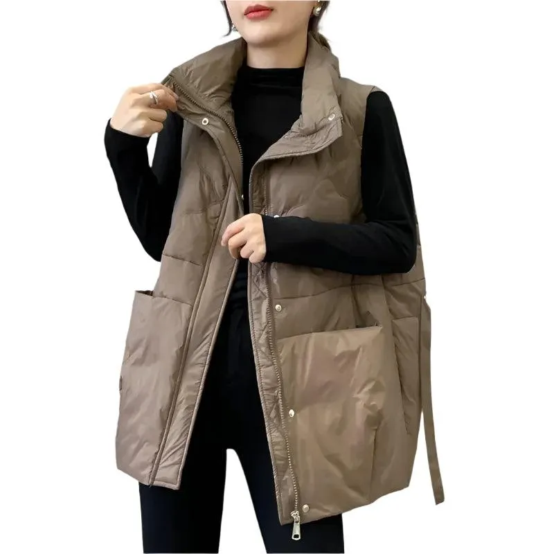Women's Quilted Down Cotton Vest - Short Sleeveless Stand Collar Waistcoat