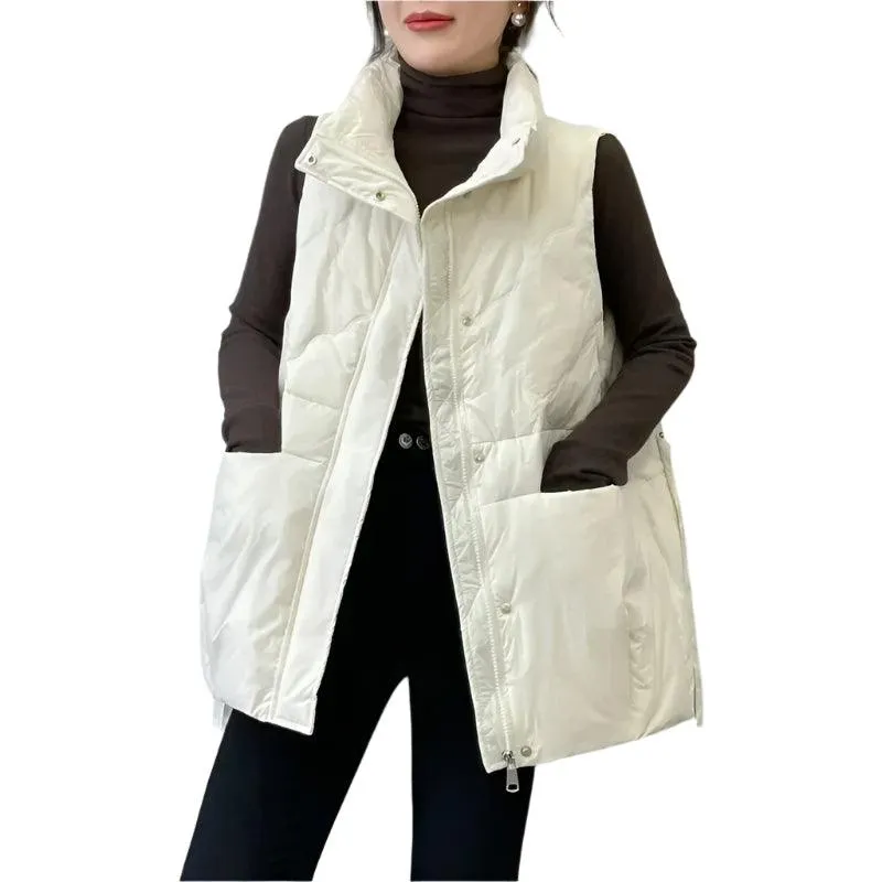 Women's Quilted Down Cotton Vest - Short Sleeveless Stand Collar Waistcoat