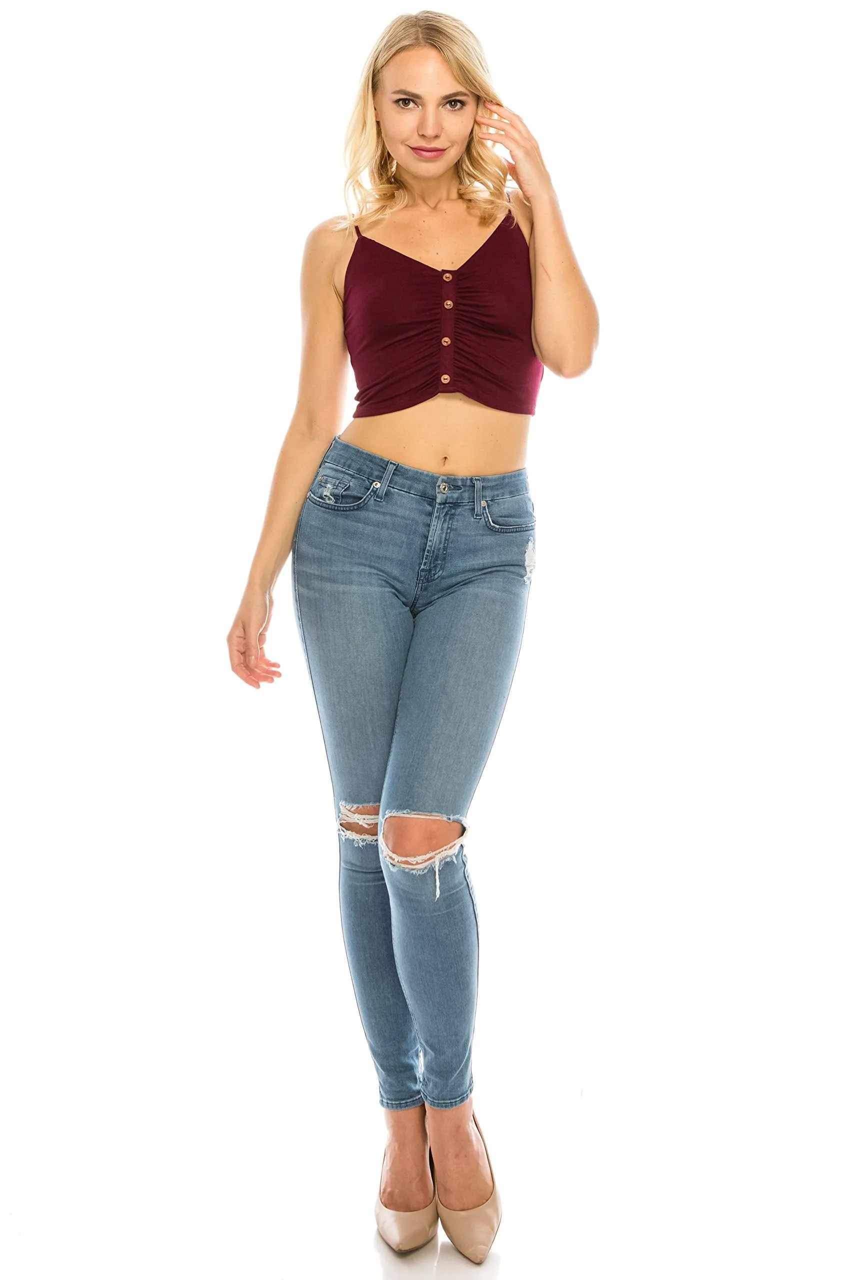 Women's Spaghetti Strap Rayon Ruched Front Tank Crop Top
